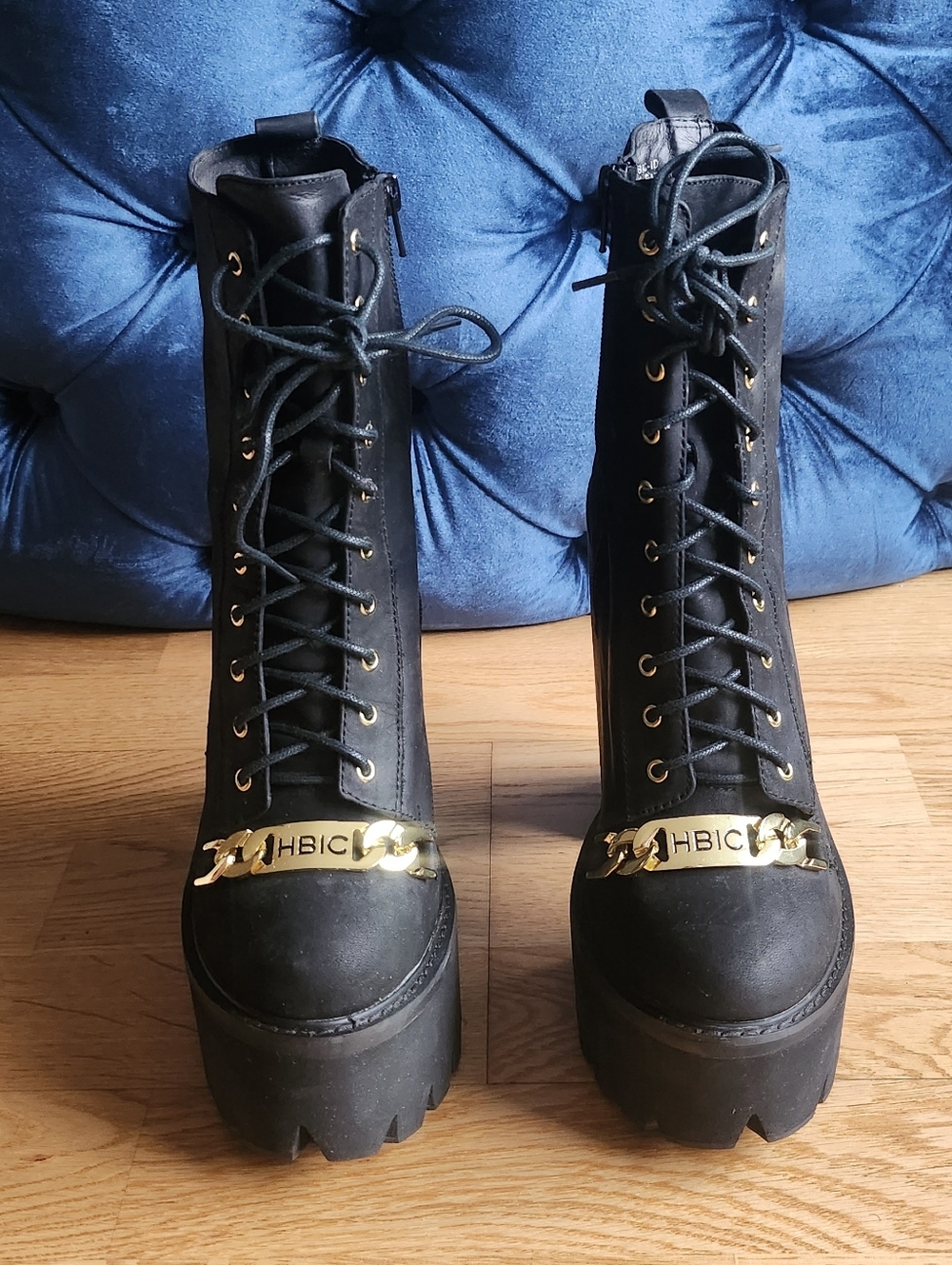 RARE FIND! Jeffrey Campbell HBIC Platform Heeled Boots with Gold Accent